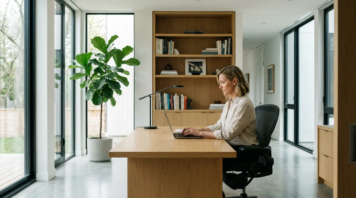 Professional working efficiently at a clean desk in a sunlit modern home office.