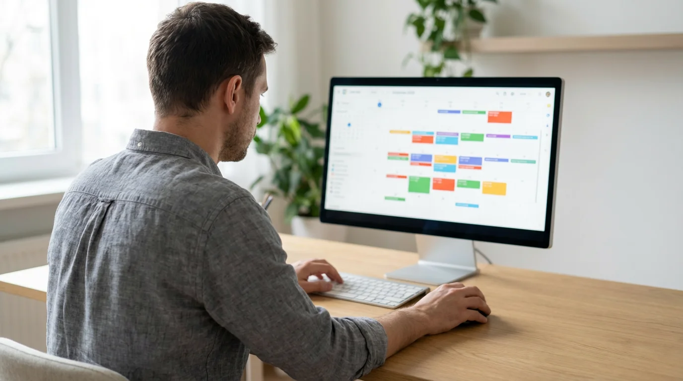 Professional working from home, focused on intentional time blocking and digital calendar organization.
