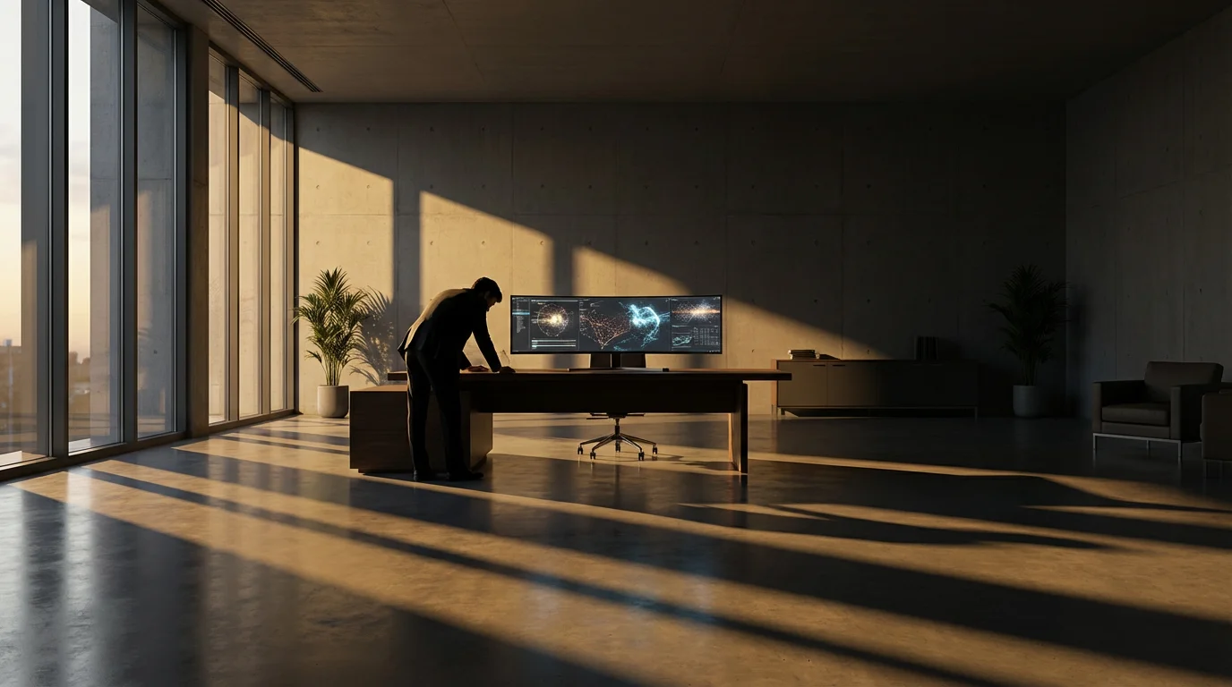 Professional working intently at a long desk in a minimalist, shadow-filled office environment.