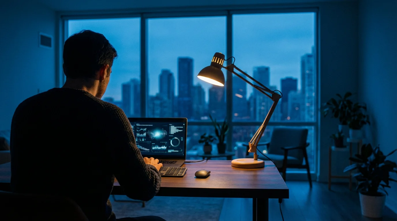Professional working late at a desk during blue hour, illuminated by a warm task lamp.