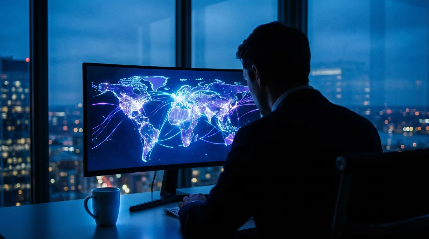 Professional working late with abstract global map on screen during blue hour.