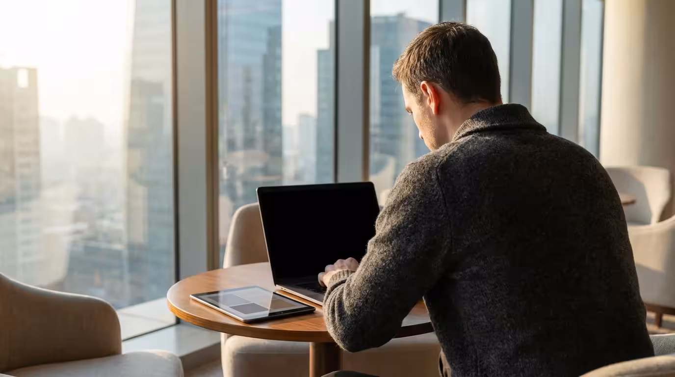 Professional working on laptop in a sunny co-working space representing hybrid work flexibility.