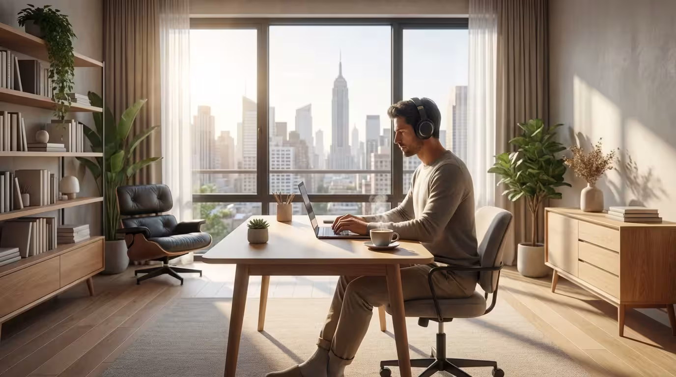 Professional working on laptop with headphones in a sunny home office.