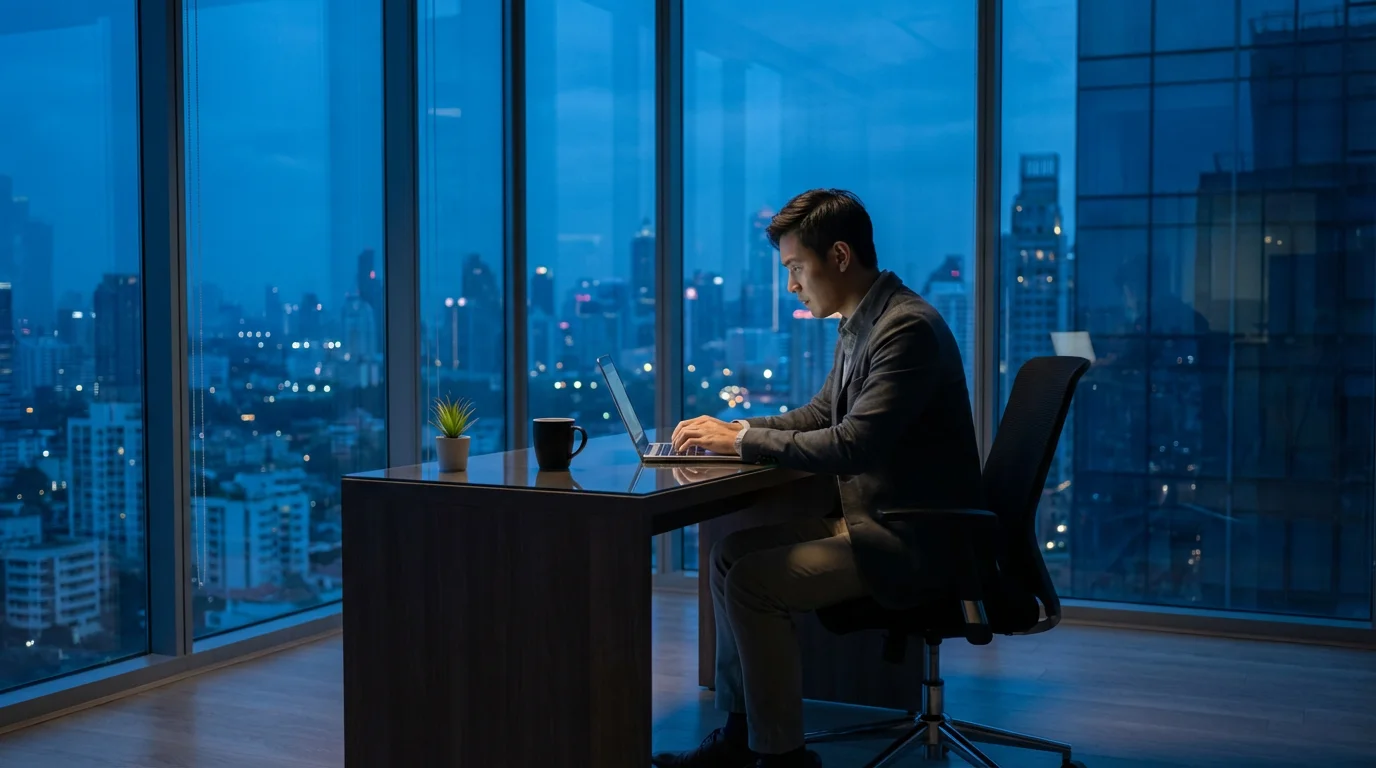 Professional working peacefully on a laptop in a quiet modern office during blue hour.