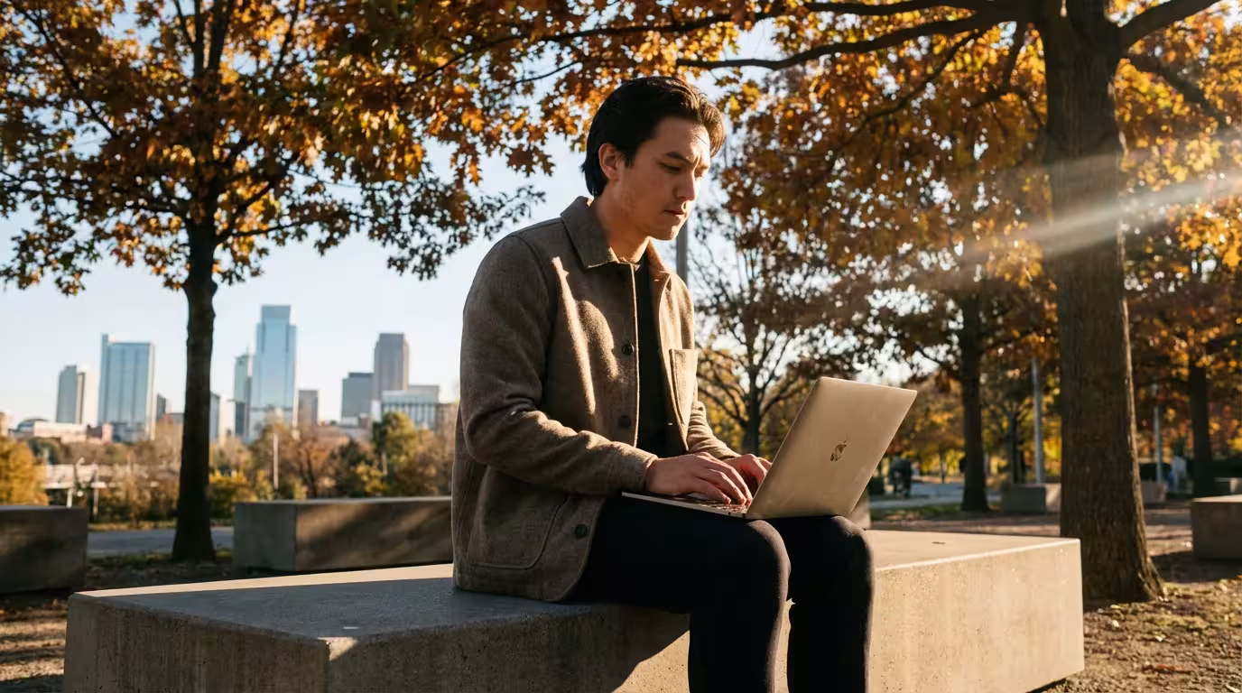Professional working peacefully on laptop in park during golden hour low angle view