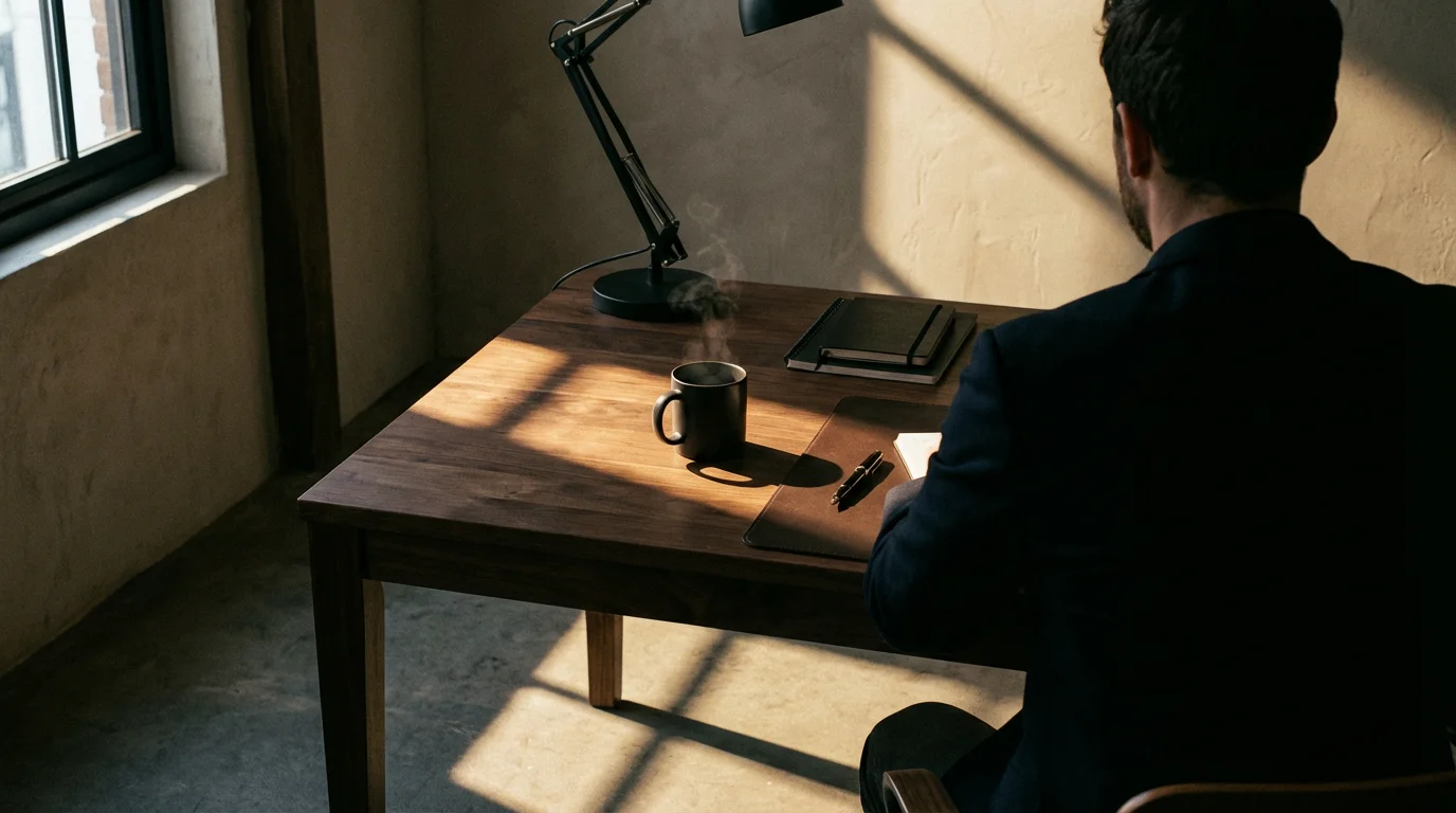 Professional workspace with dramatic afternoon sunlight and shadows emphasizing focus and ambiance.