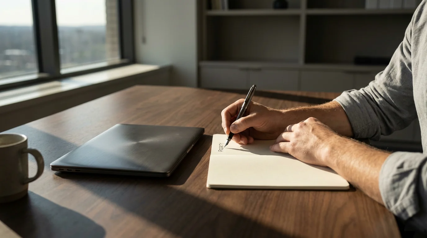 Professional writing a priority task in a notebook at a modern desk under moody afternoon light.