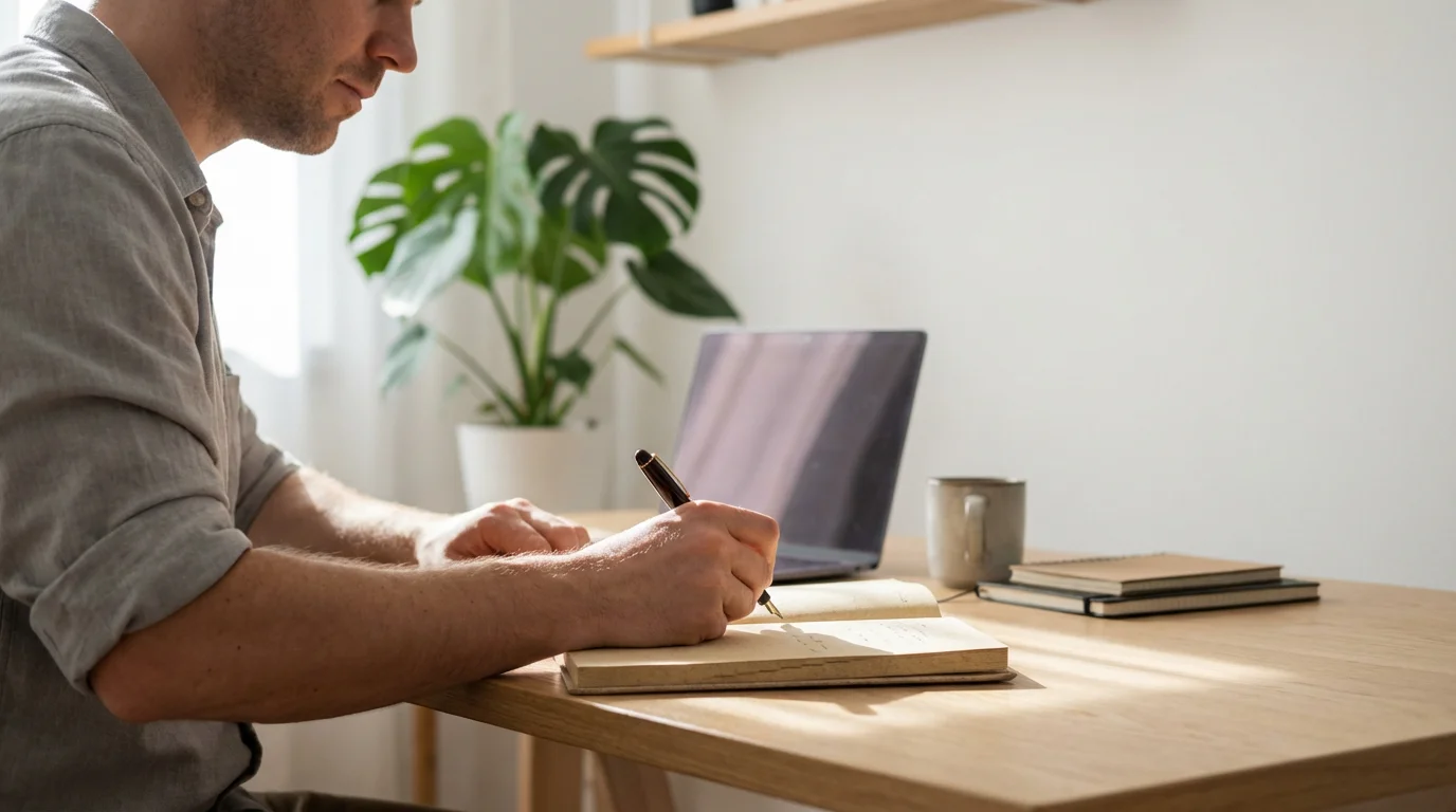 Professional writing in a planner at a sunlit desk to schedule creative tasks.