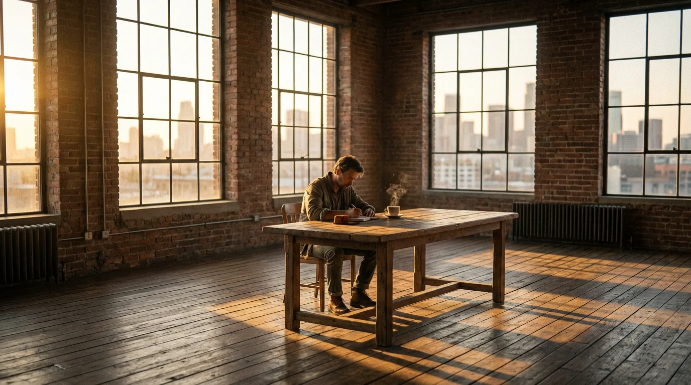 Professional writing in notebook at sunrise in a spacious, sunlit loft apartment.