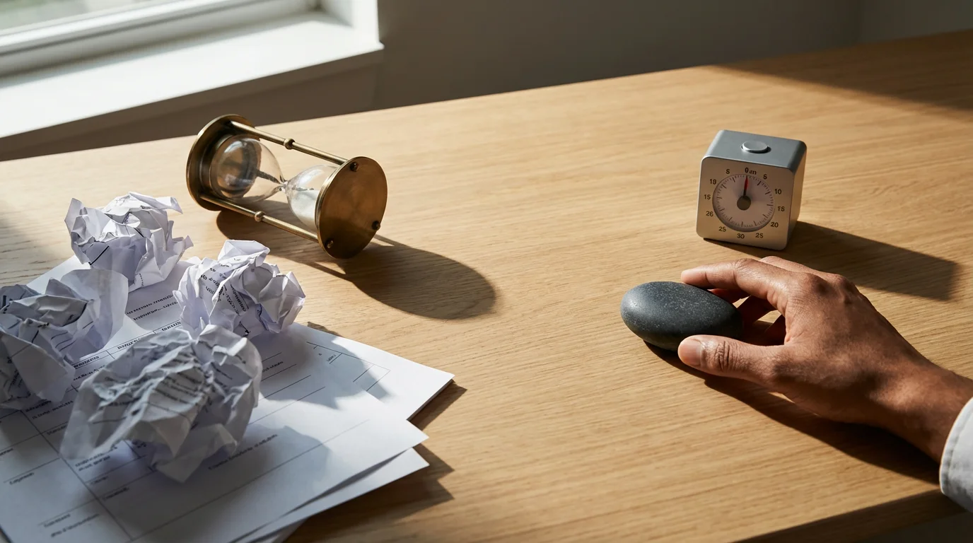 Professional's hand chooses a worry stone over scattered papers, emphasizing simple micro-habits in moody light.