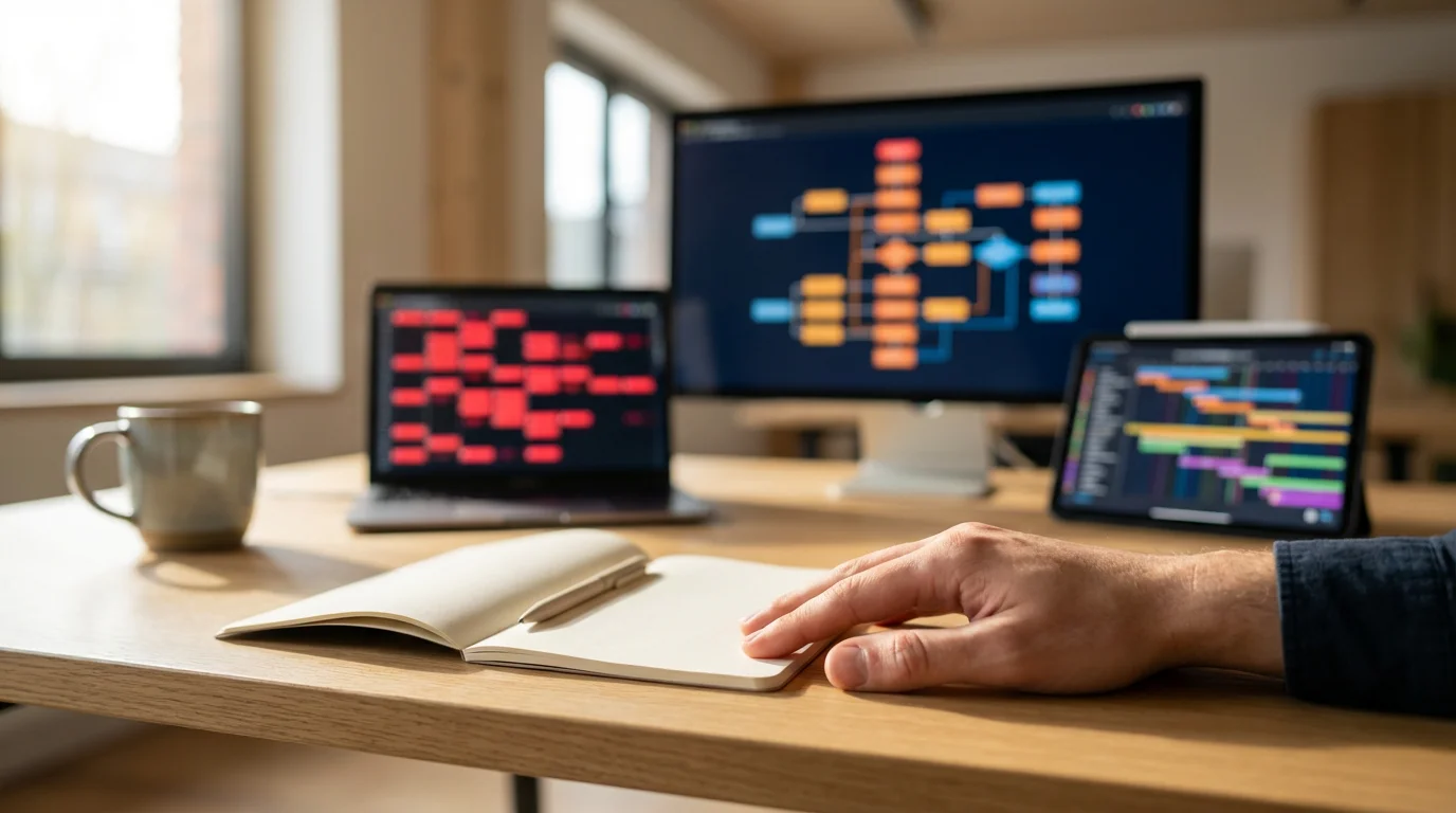 Professional's hand pausing over a notebook while multiple digital screens display urgent alerts.