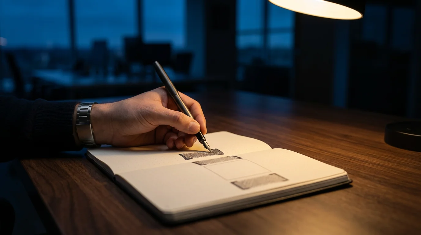 Professional's hand planning prep and debrief buffer time around a meeting in a notebook.