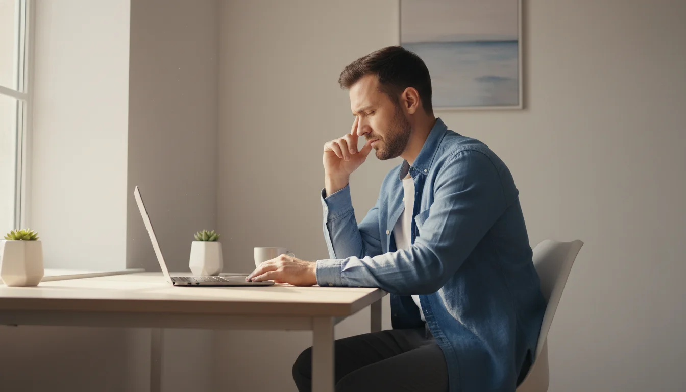 Side profile of a man in deep thought, hand to temple, at a minimalist wooden desk with a notebook.