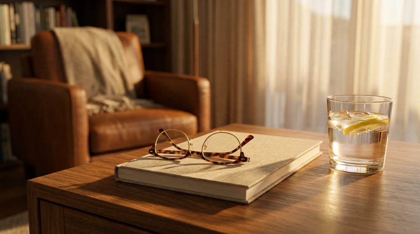 Reading glasses on a closed notebook on a side table in a sunlit room
