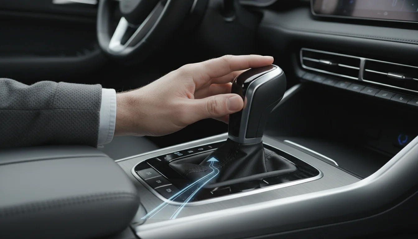 Close-up of a relaxed hand resting on an automatic car gear shift, with subtle glowing lines suggesting an internal process.