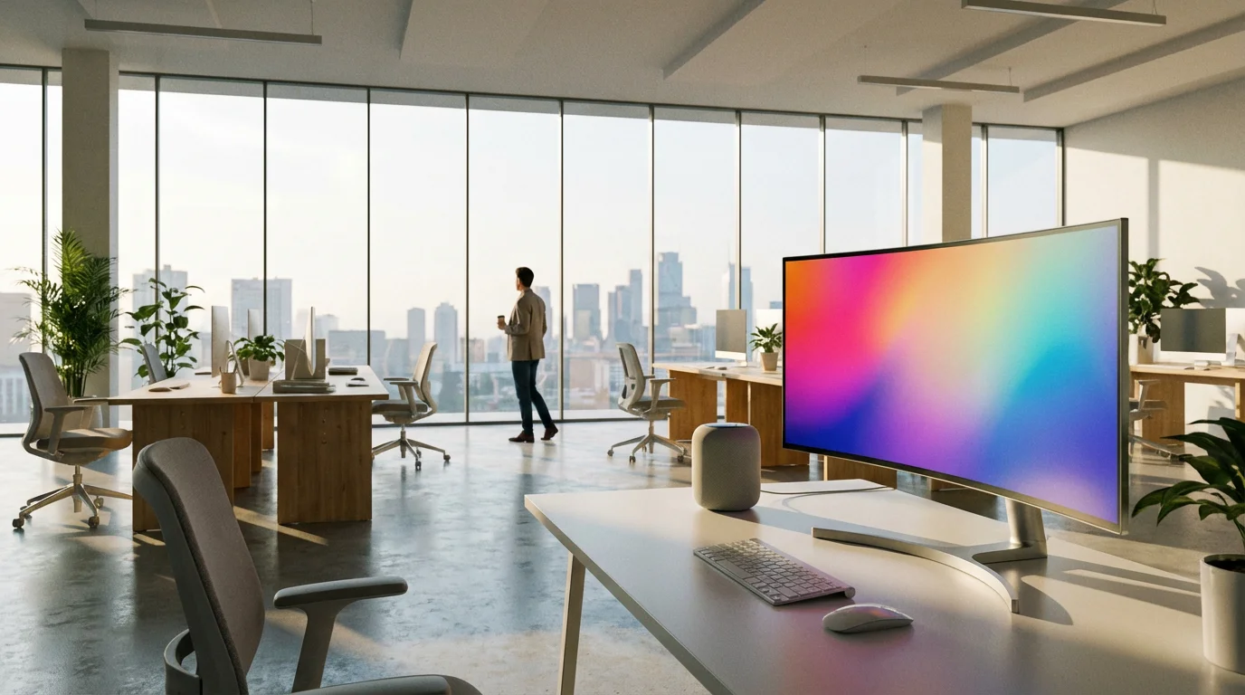 Relaxed professional standing in modern office with automated tech workspace in foreground