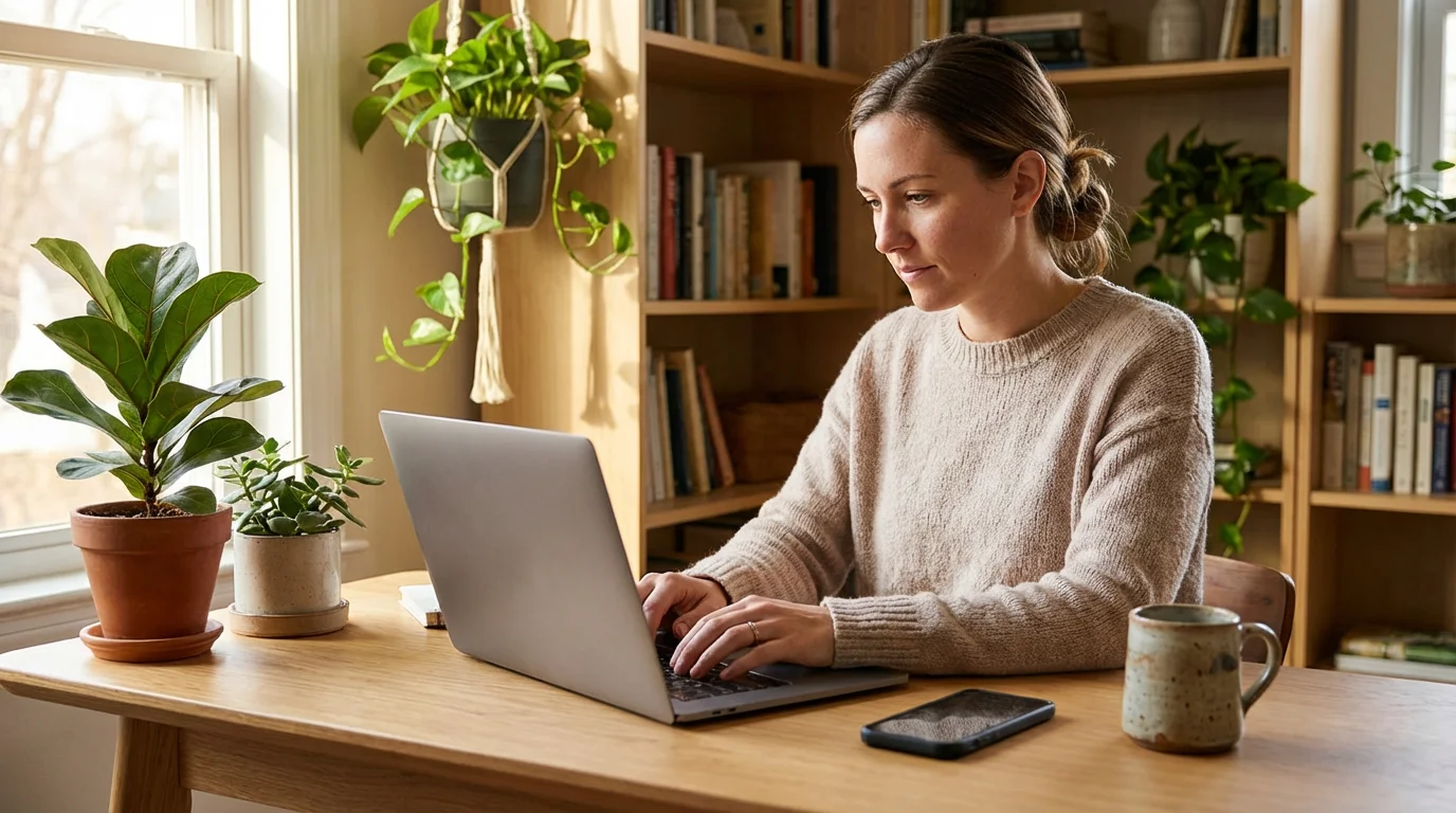Remote worker at home desk with smartphone placed face down for focus