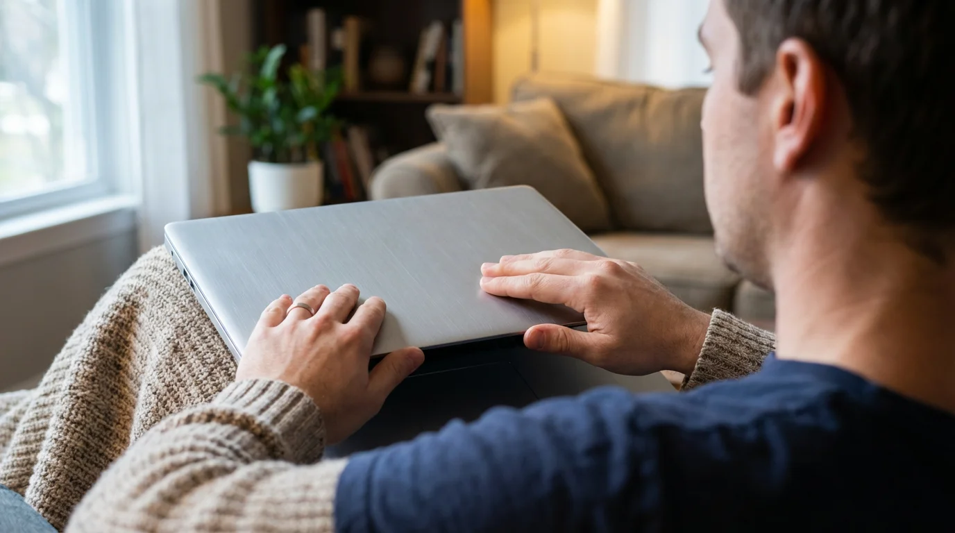 Remote worker closing laptop lid at home desk to end the workday.