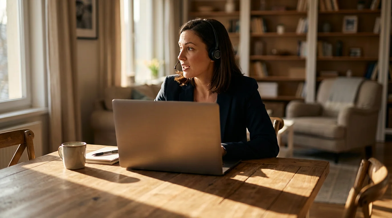 Remote worker on headset during video call at home with dramatic afternoon lighting.