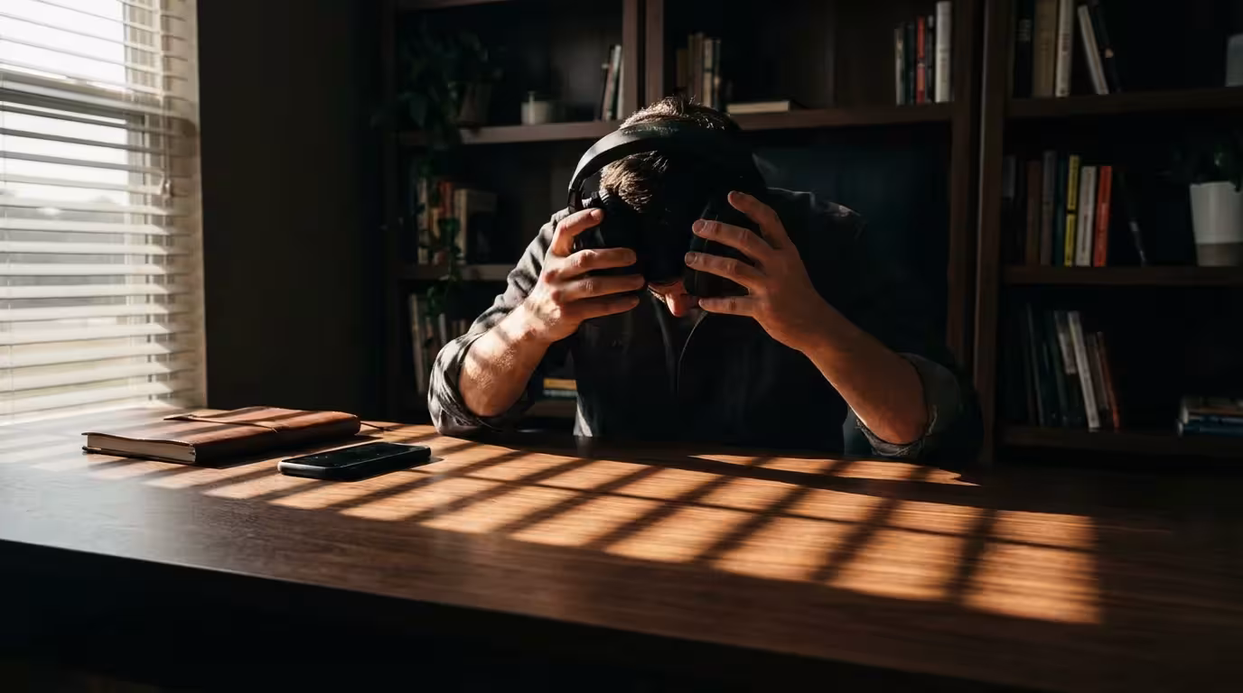 Remote worker putting on headphones at desk with dramatic afternoon shadow lighting.