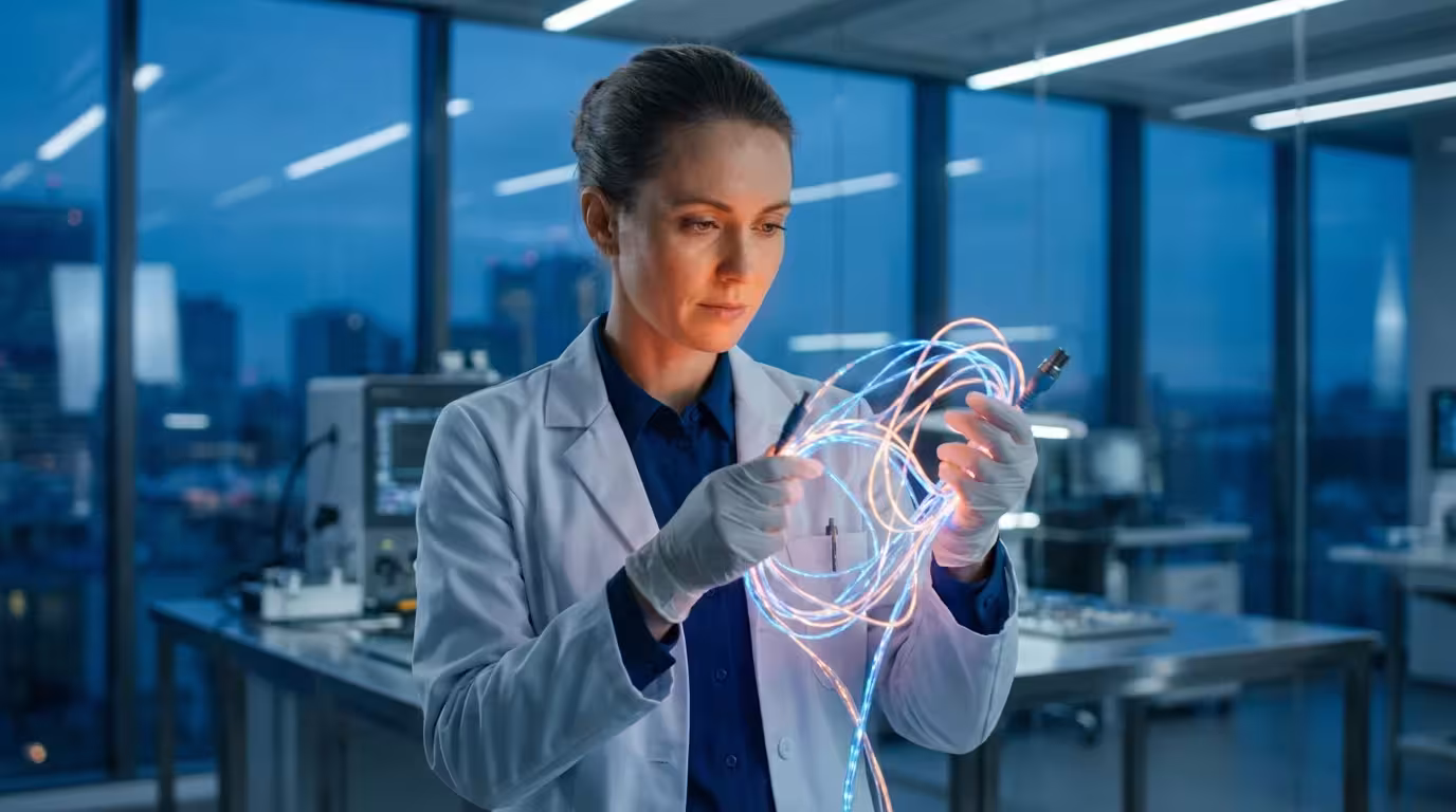 Researcher holding glowing fiber optic cables in a modern lab during blue hour.