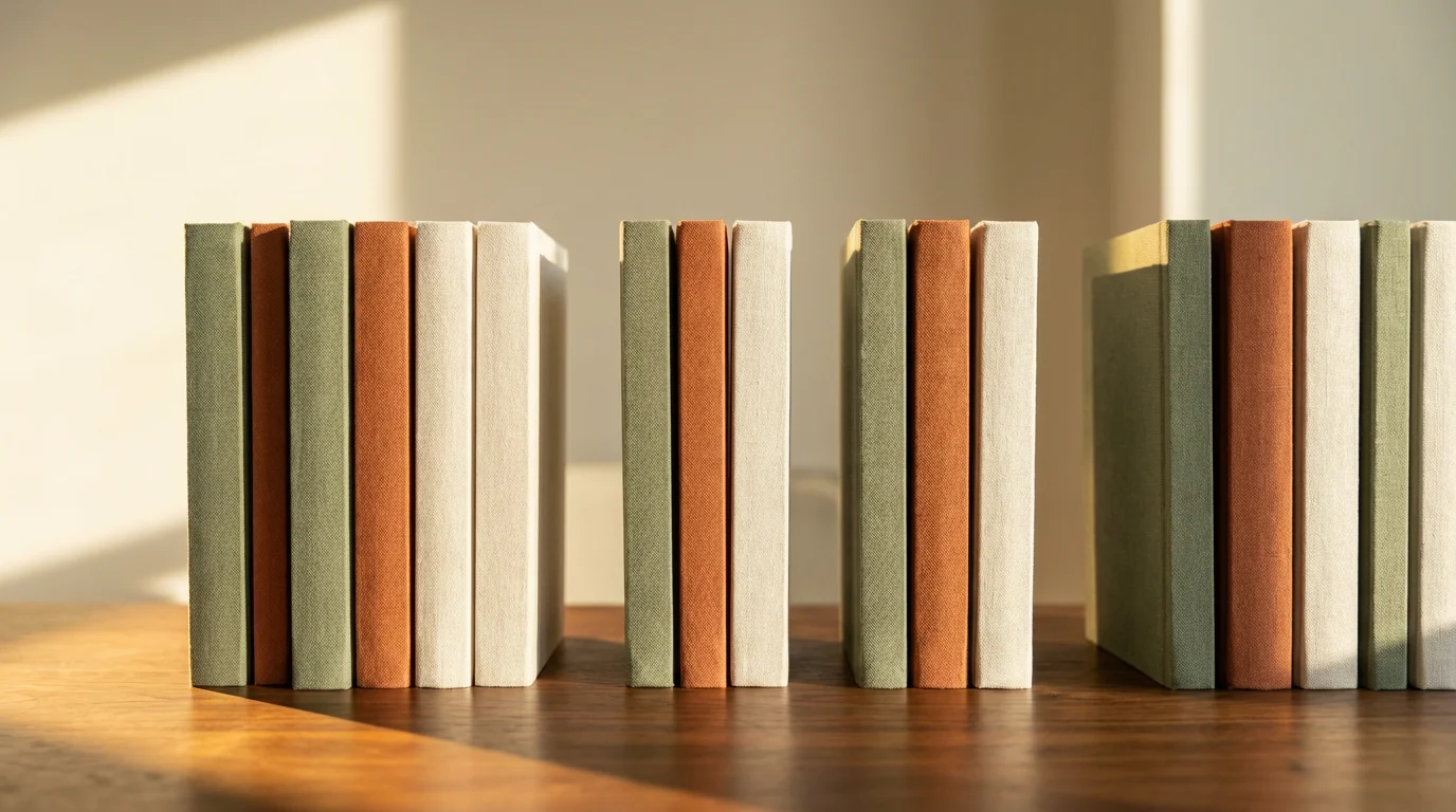 Row of organized blank journals grouped by color on a wooden desk in warm sunset light
