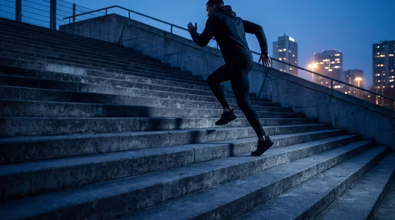 Runner ascending concrete stairs at twilight representing sustained momentum and growth.