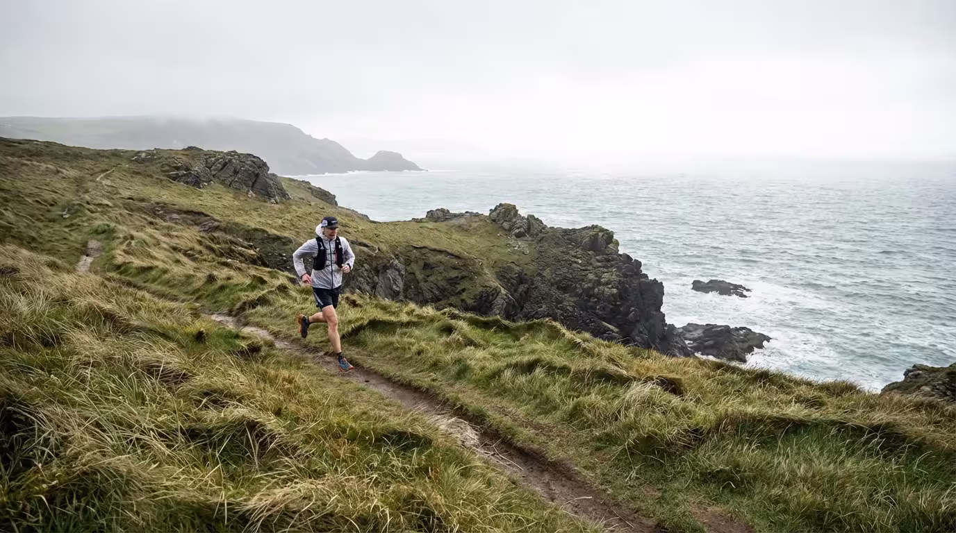 Runner jogging along a scenic coastal trail under a bright overcast sky.