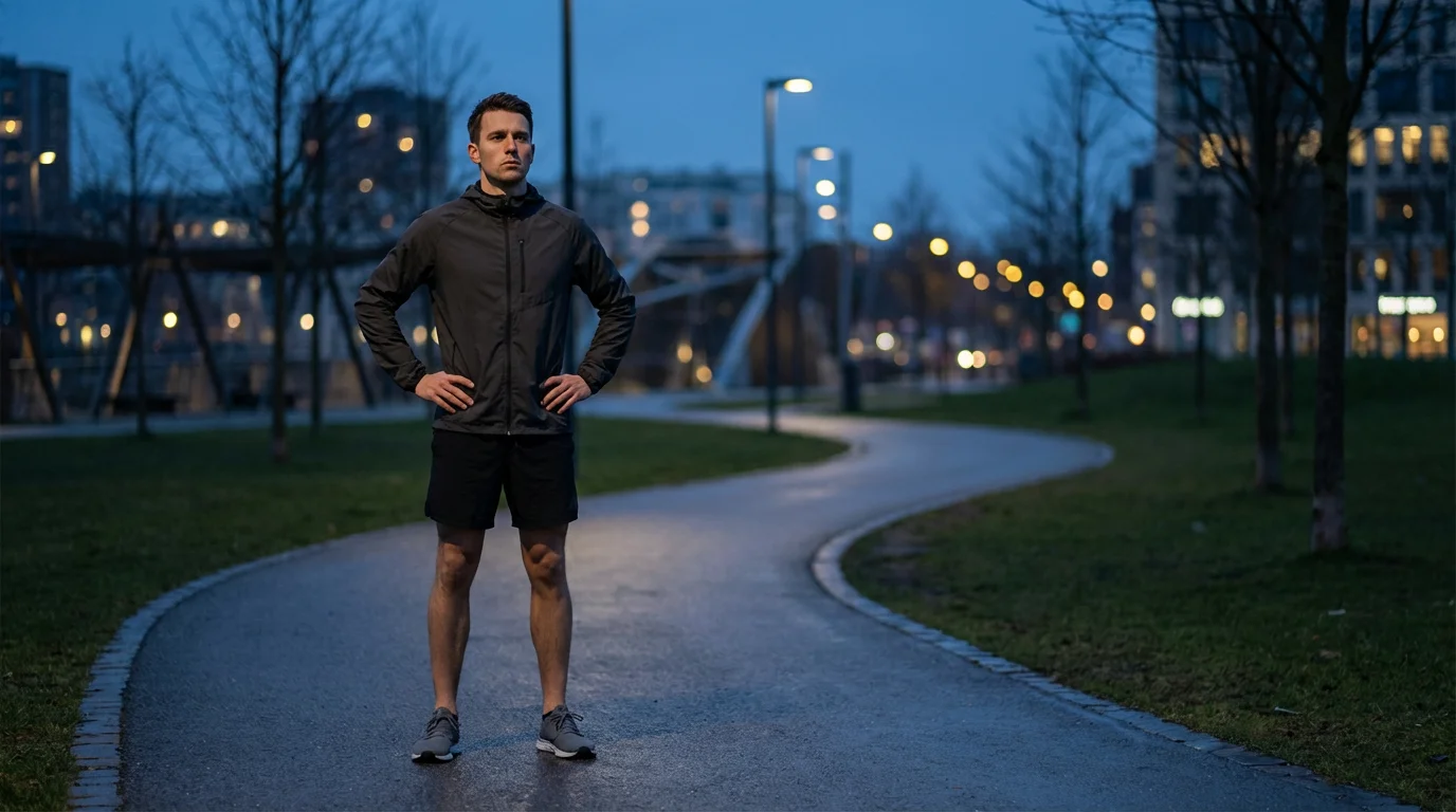 Runner pausing on a city path at dusk symbolizing resilience and overcoming obstacles.