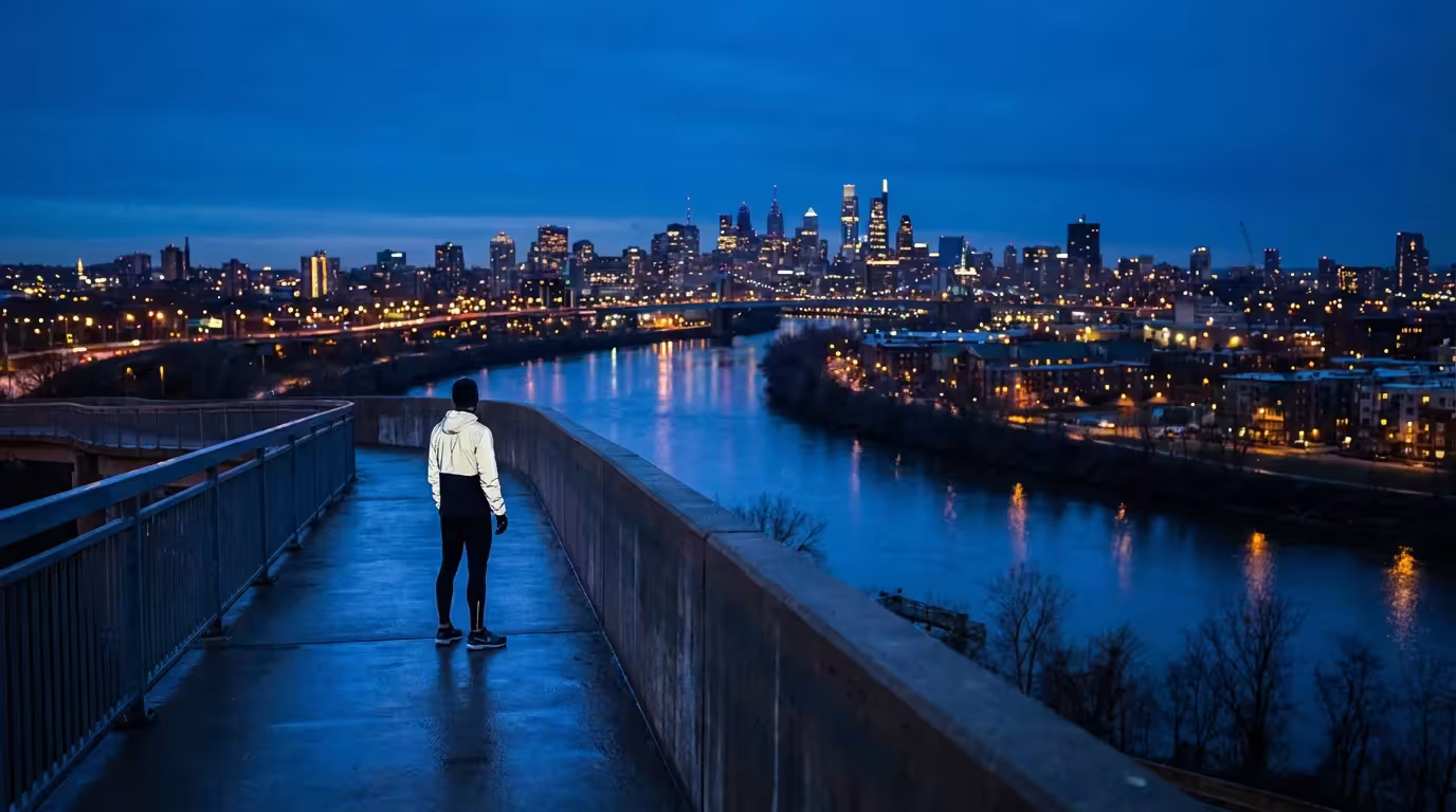 Runner standing on city bridge at twilight looking at skyline reflecting on goals
