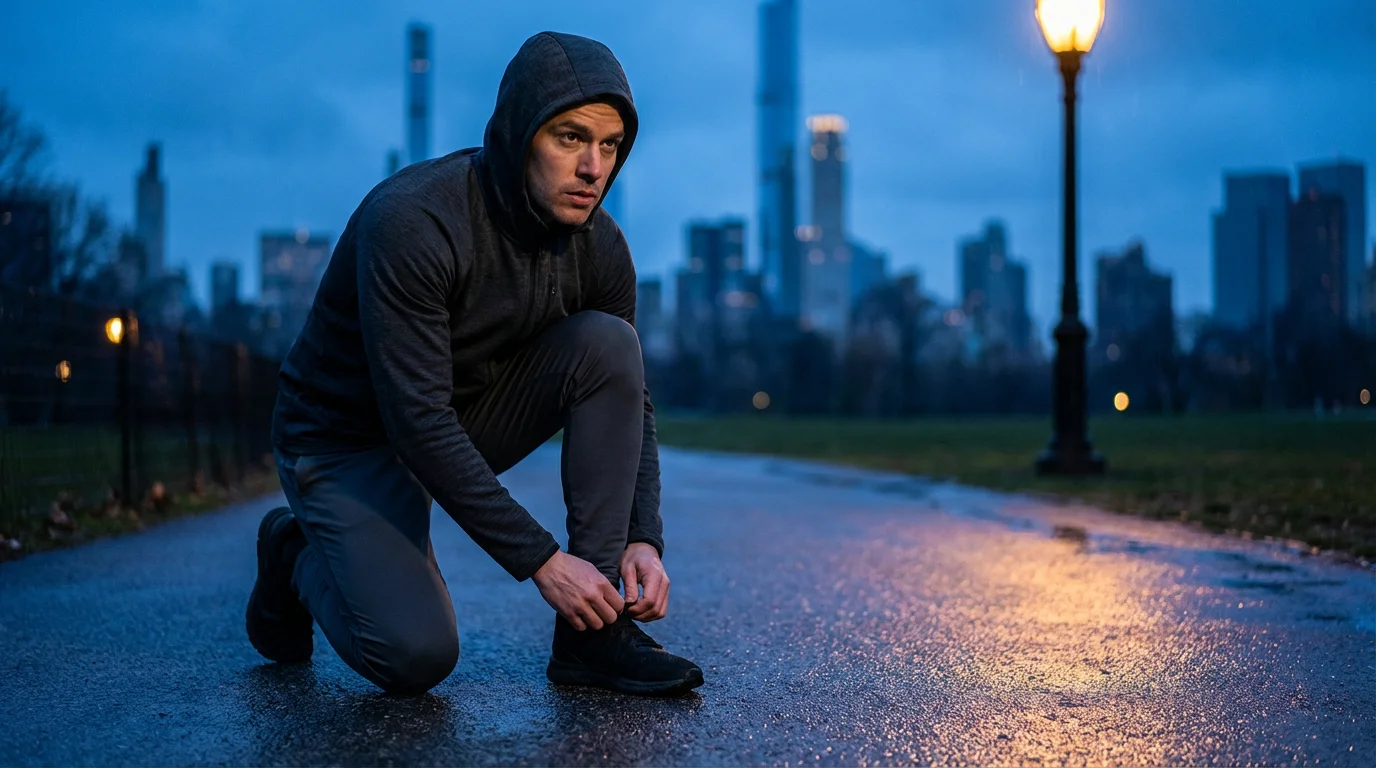Runner tying shoelace on a park path during a blue hour evening run.