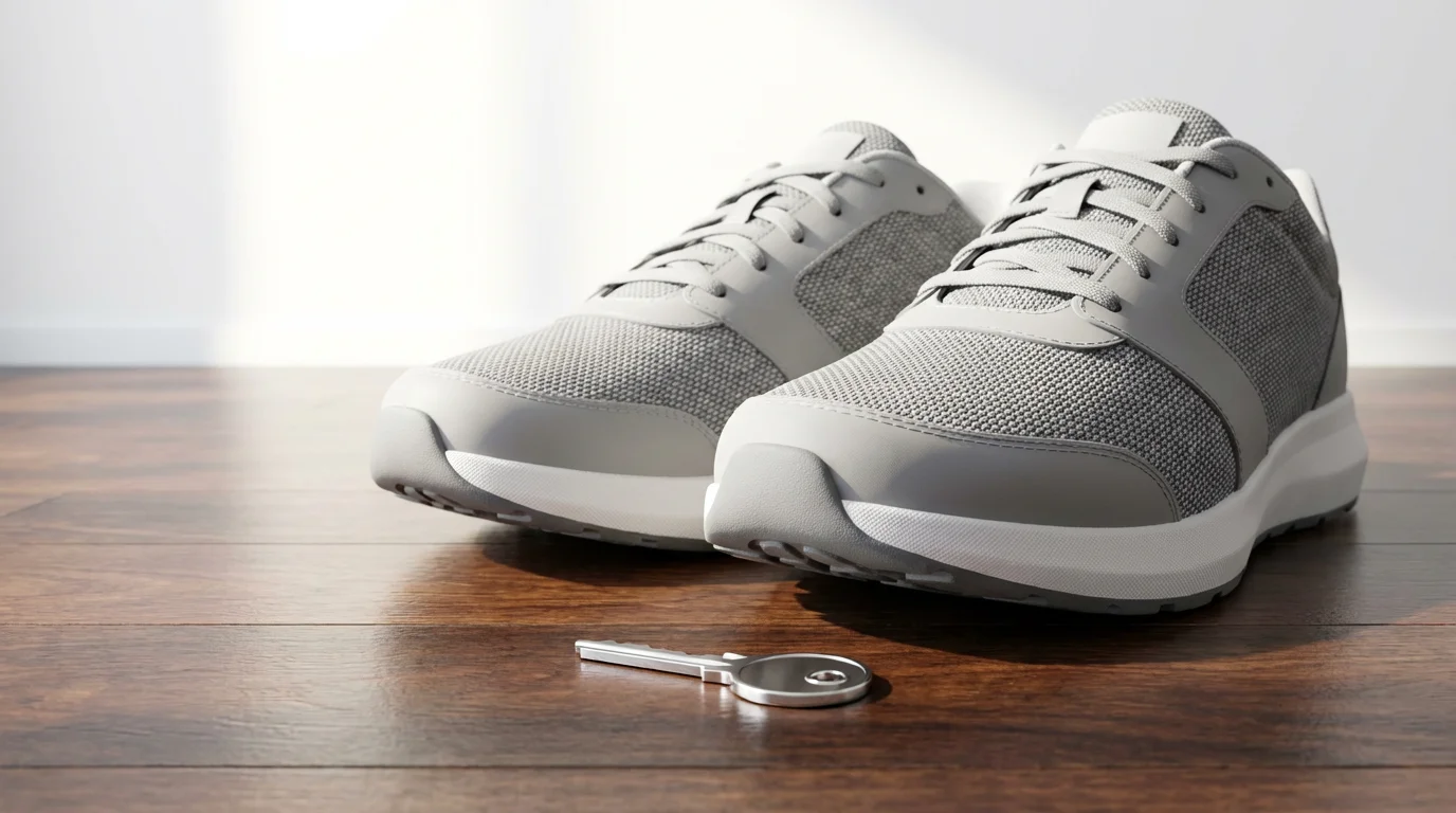 Running shoes and a small house key on a floor, illustrating a minimum viable action.