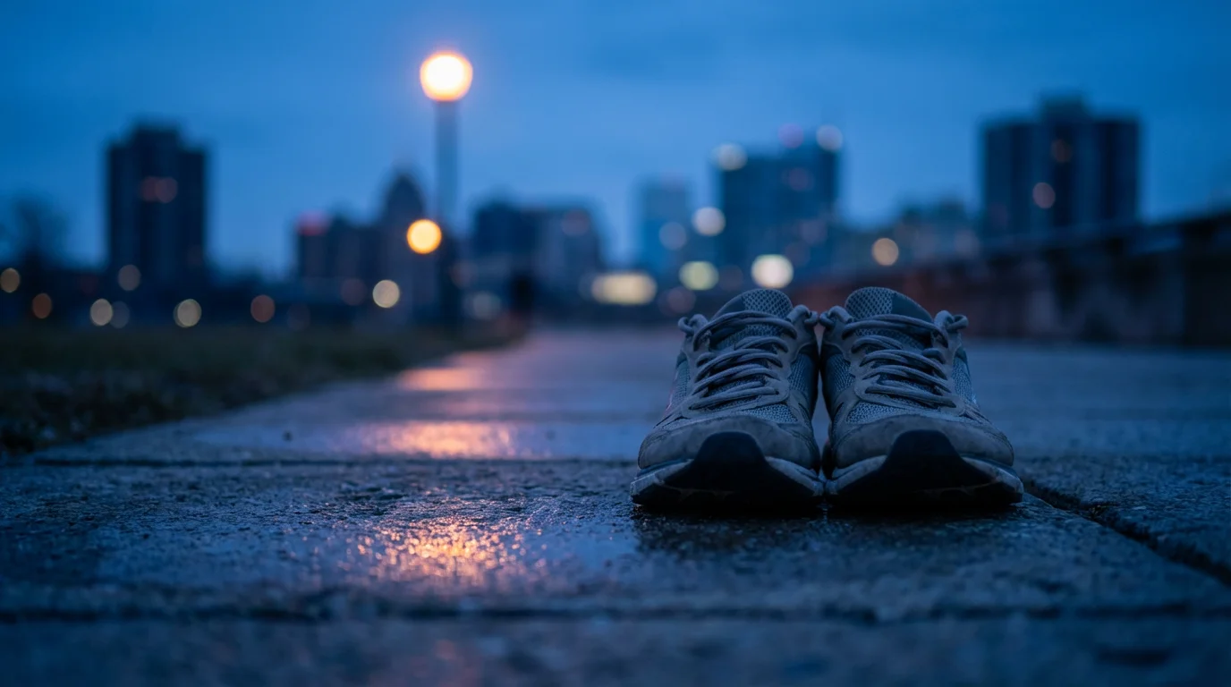 Running shoes on concrete path at blue hour symbolizing the first step of a habit.