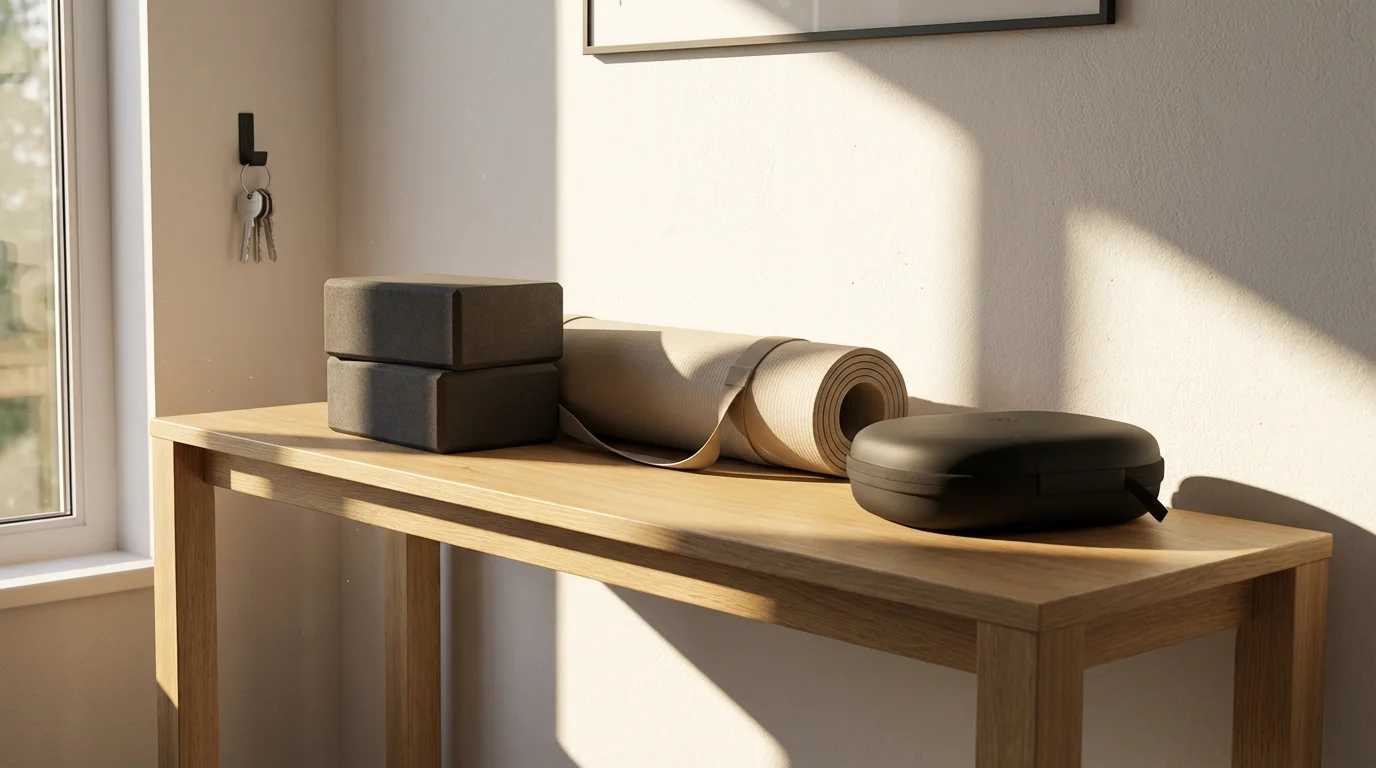 Sequential arrangement of keys, yoga blocks, and headphones on a table, illustrating habit stacking.