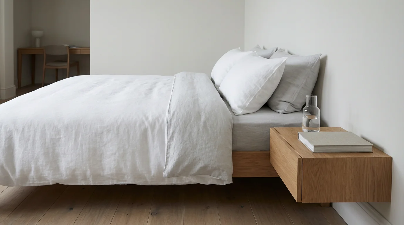Serene bedroom photo with light linens and diffused light, emphasizing separation between sleep and work.