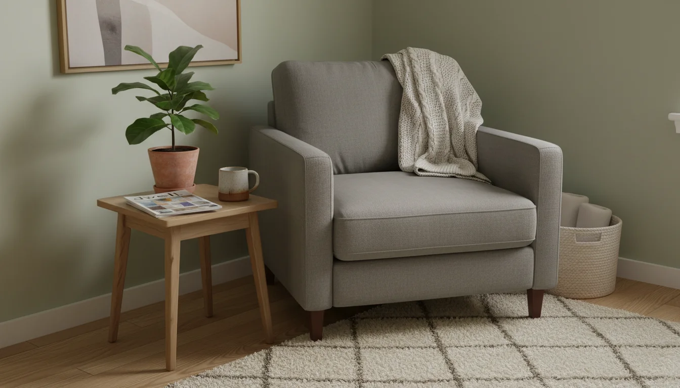 Serene living room corner with a comfortable grey armchair, wooden side table holding a plant, magazine, and mug.