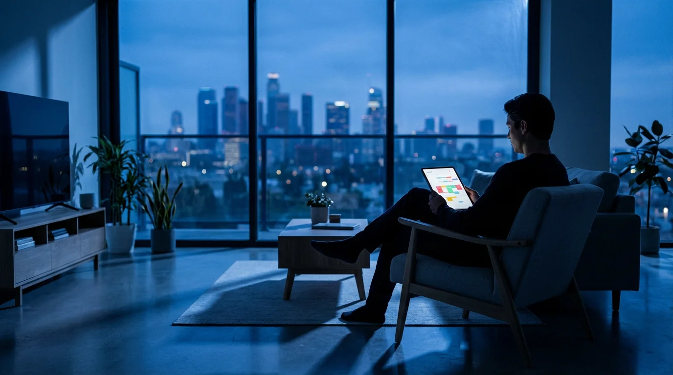 Setting up a color-coded digital calendar system in a modern apartment during blue hour.