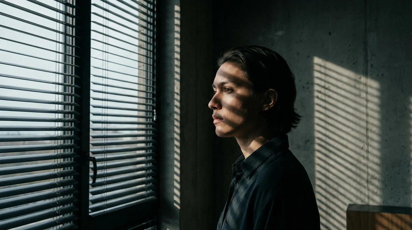Side profile of a thoughtful person standing in dramatic window blind shadows.
