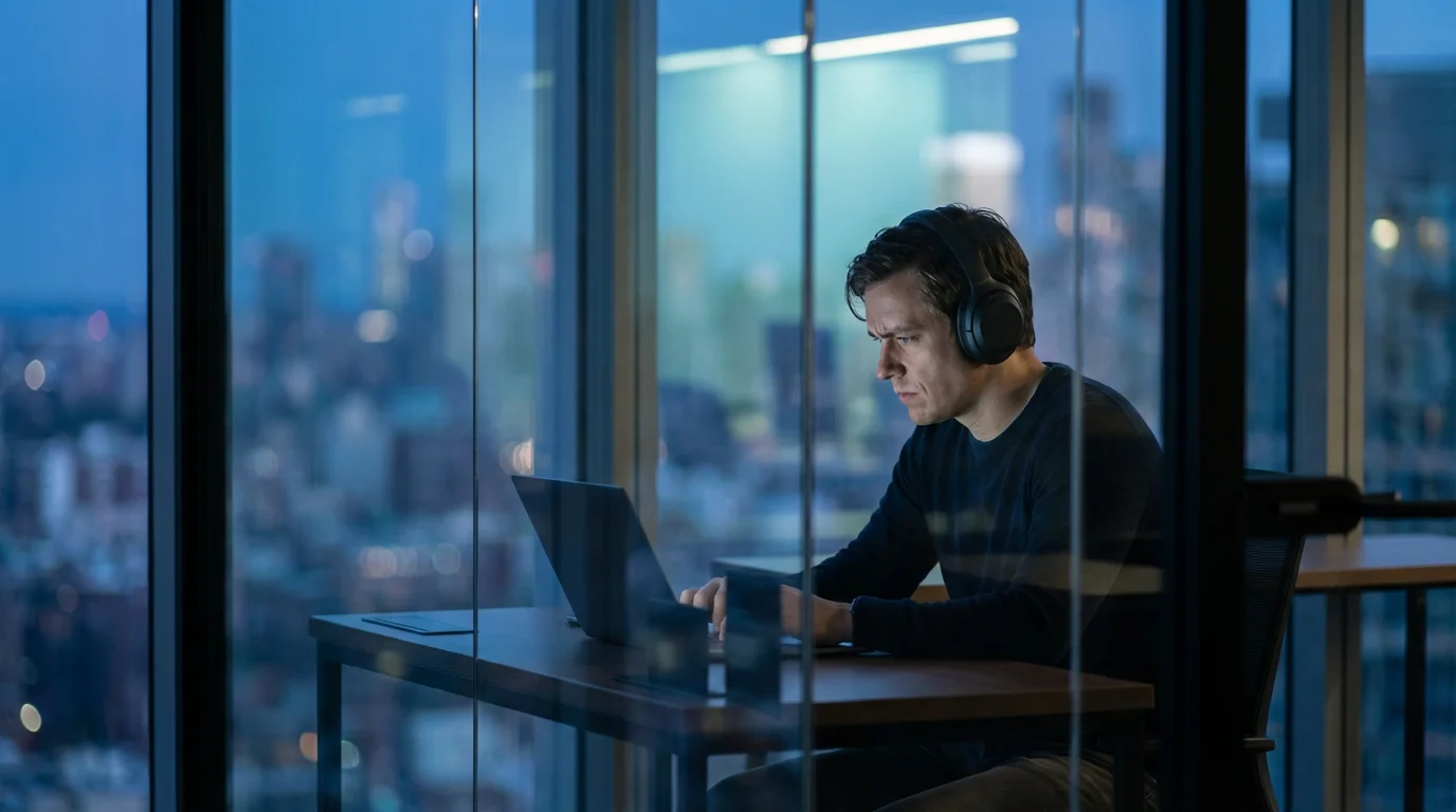 Side profile of person wearing headphones in glass office during blue hour evening.
