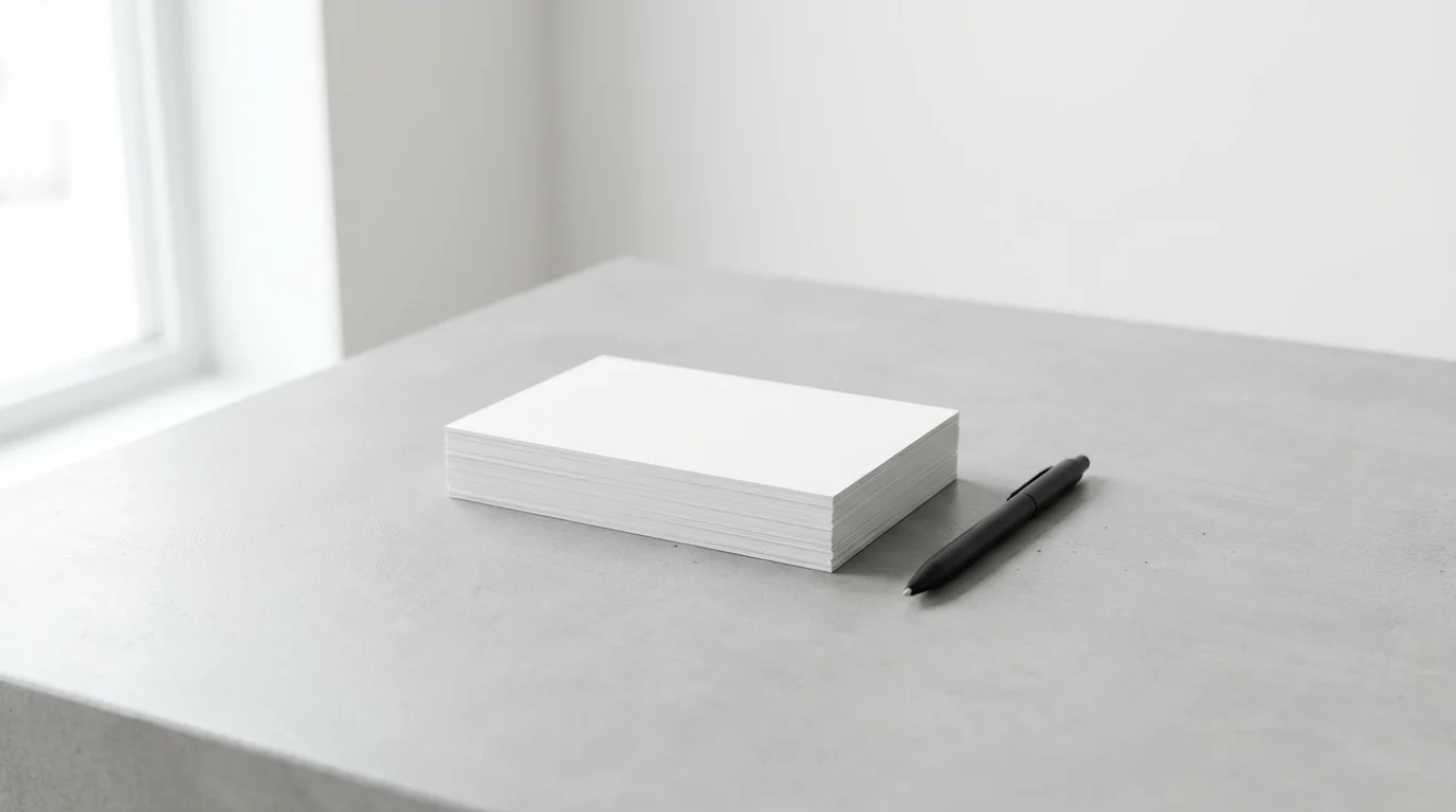 Simple Zettelkasten setup: blank index cards and a black pen on a minimalist grey desk.