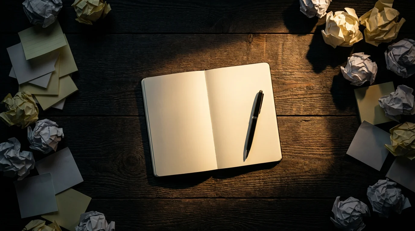 Single illuminated notebook on a dark desk surrounded by shadowy piles of crumpled paper.