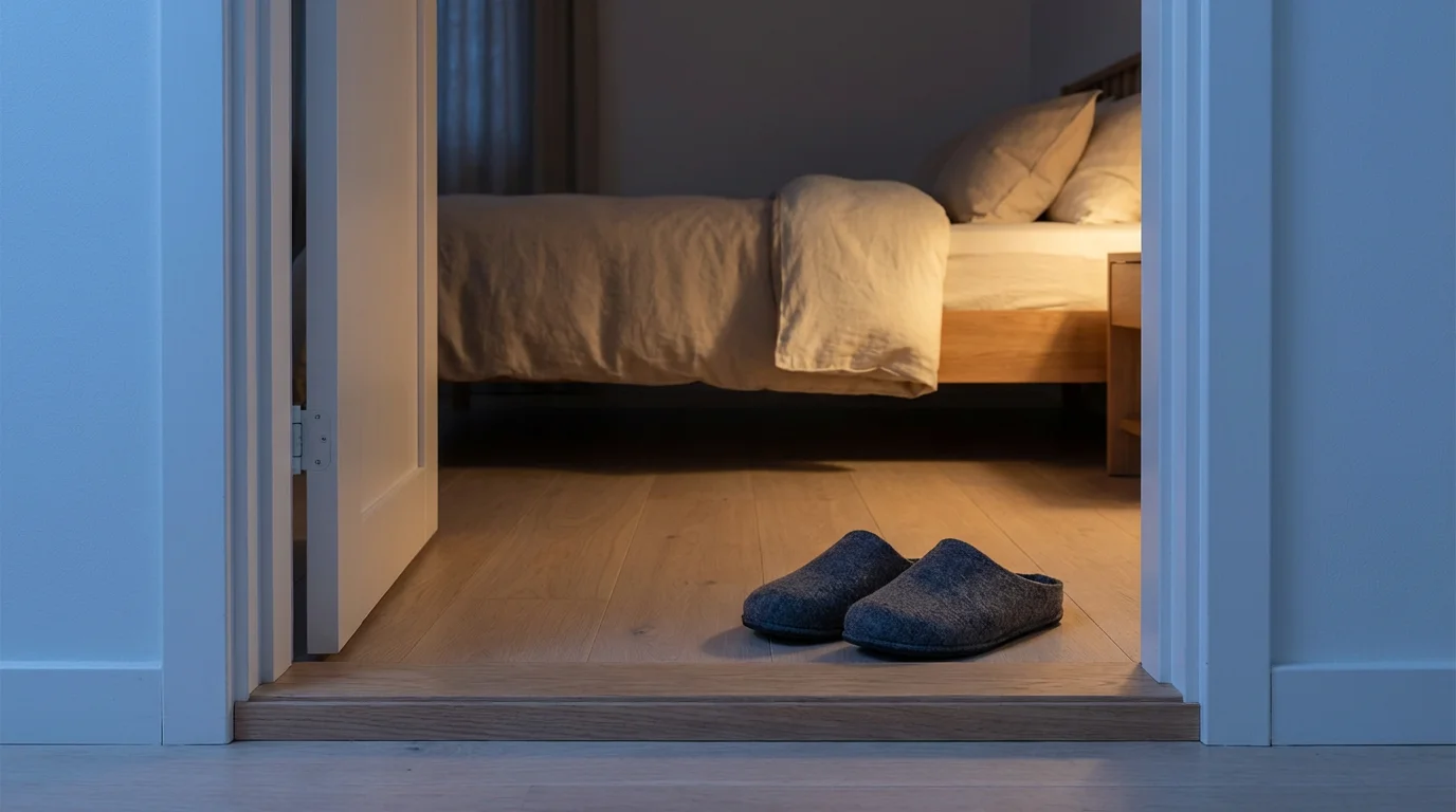 Slippers placed on a wood floor at a bedroom threshold under cool evening blue hour light.