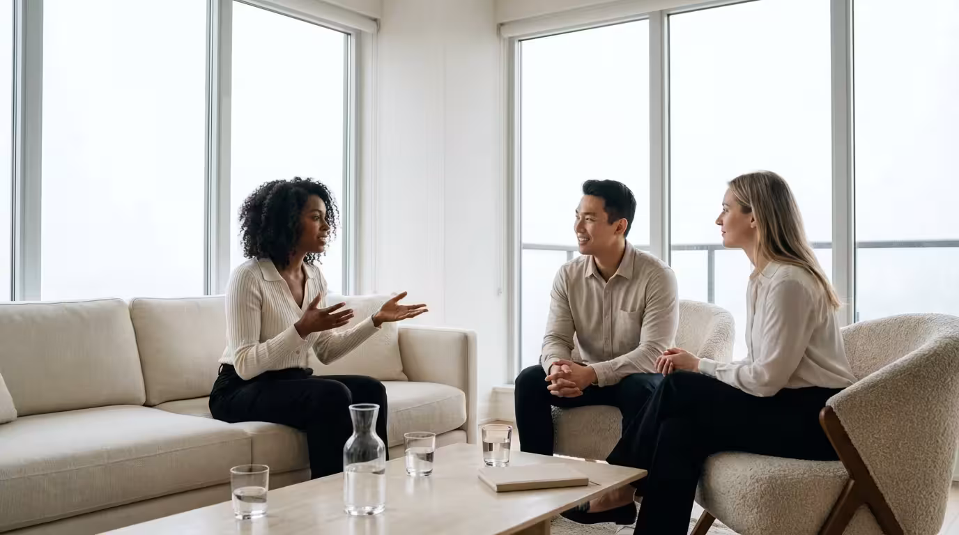 Small group of friends discussing goals in a bright, modern living room setting.