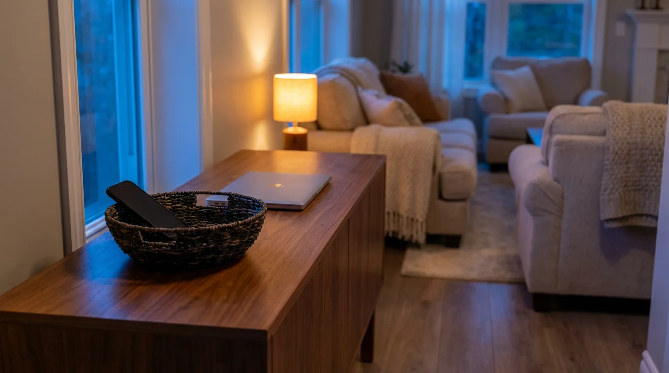 Smartphone and laptop placed in a basket on a hallway table during blue hour.
