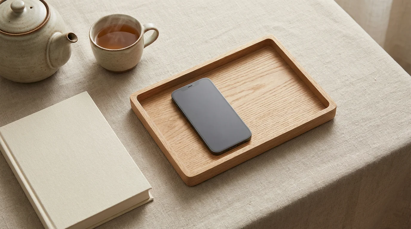 Smartphone face down in wooden tray next to tea and book on linen surface.