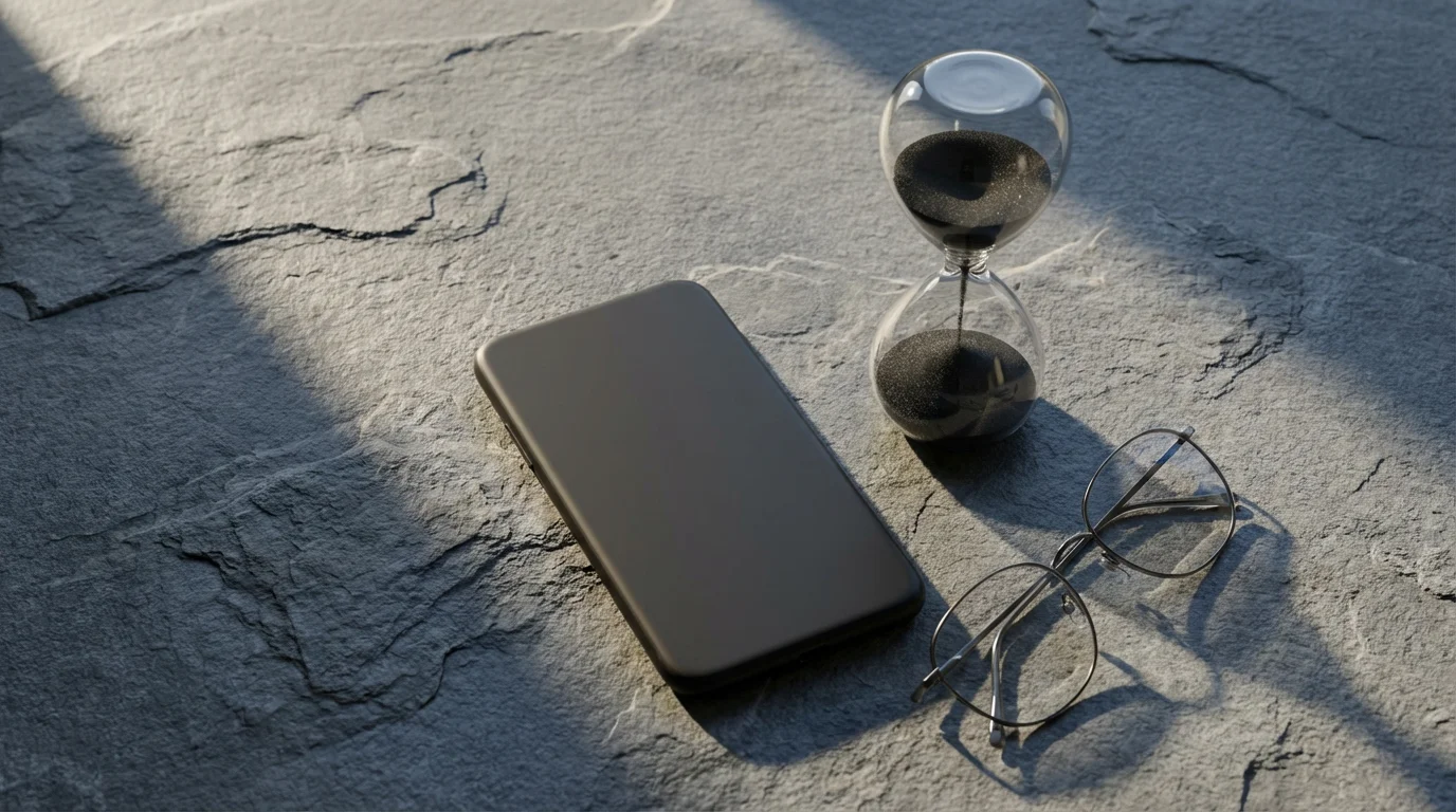 Smartphone face down next to hourglass on slate desk symbolizing focus.