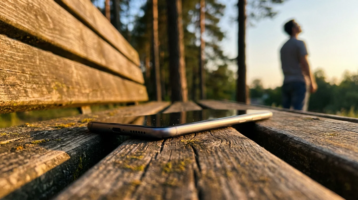 Smartphone face down on a wooden bench outdoors during a golden sunset.