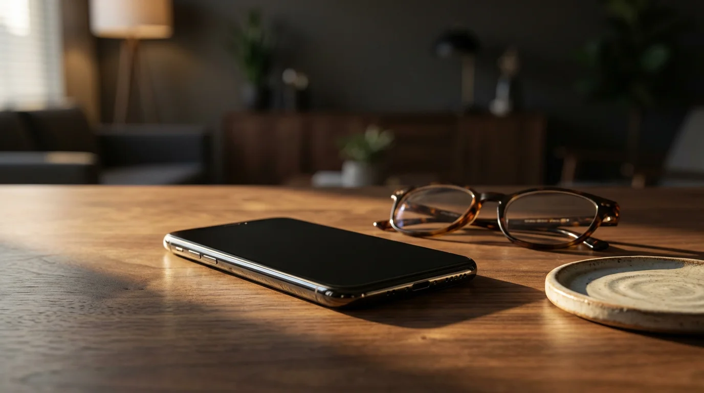 Smartphone face down on a wooden desk next to glasses in dramatic afternoon lighting.