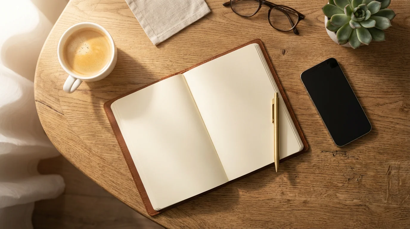 Smartphone face down on wooden desk next to blank notebook and coffee cup