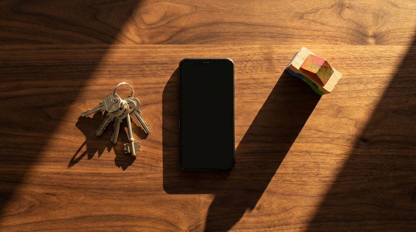 Smartphone, keys, and wooden toy on a desk under warm golden sunlight.